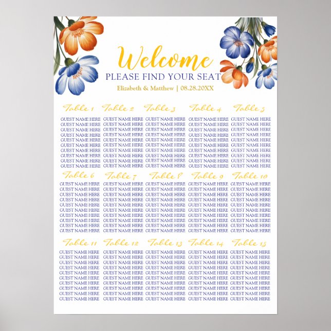 Marinblå och orange blomsterlig bröllopsplatskarta poster (Framsidan)