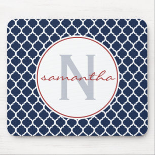 Marinblå och röd Quatrefoil Monogram Musmatta
