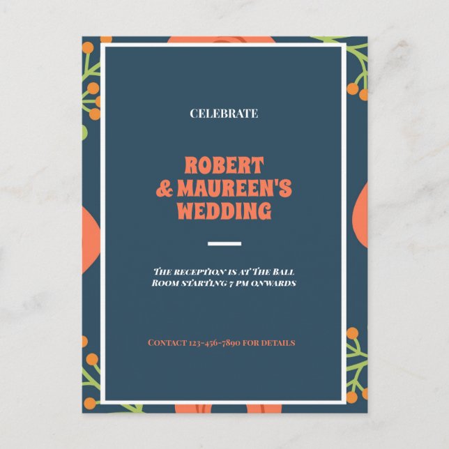 Marinblå och röda blommiga bröllopsmottagning inbjudan vykort (Framsida)