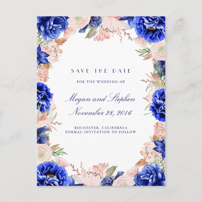 Marinblå och rosa akvarellblommor Spara datum Meddelande Vykort (Framsida)
