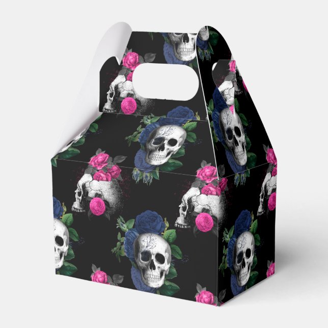 Marinblå och rosa blommiga dödskallar gotiskt bröl presentaskar (Framsidan Sidan)