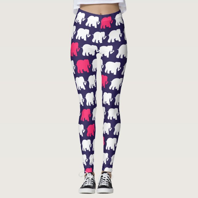 Marinblå och rosa elefantdesign leggings (Framsida)