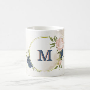 marinblå och rosablommiga gröna blad kaffemugg