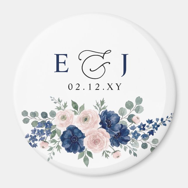 Marinblå och rosafärgade moderna blombröllop magnet (Framsidan)