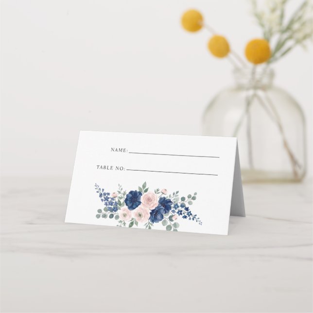 Marinblå och rosafärgade moderna blomsterbröllop placeringskort (Framsida)