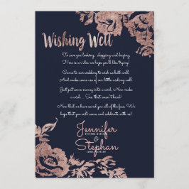 Marinblå och roséguld blommig önskebrunn inbjudningar