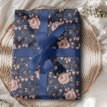 Marinblå och roséguld blommig presentpapper