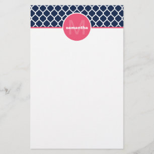 Marinblå och shock rosaQuatrefoil Monogram Brevpapper