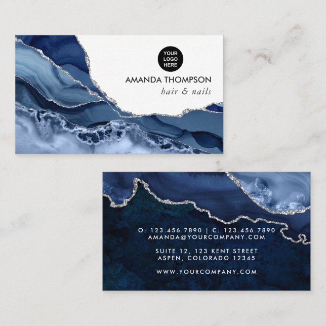 Marinblå och Silver Agate Ädelsten Visitkort (Fram/baksida)