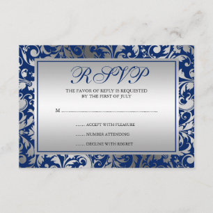 Marinblå och silverdamast virvlar runt svarskortet OSA kort