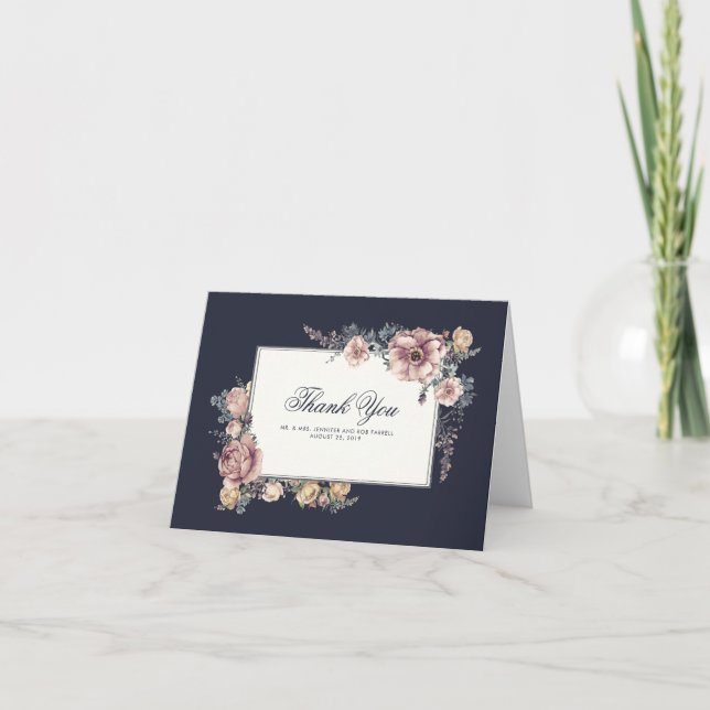 Marinblå och vinröda blommiga eleganta tackkort fö (Framsida)