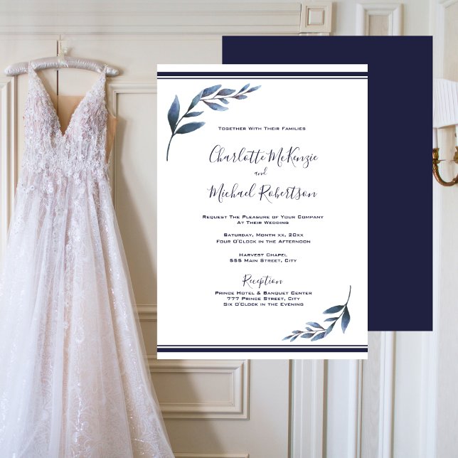 Marinblå och vit blombladsvigselinbjudan inbjudningar (Navy and White Floral Leaf Wedding Invitation)