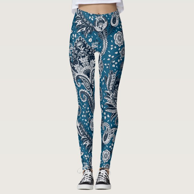 Marinblå och vit blomsterglas Paisley Bohohemisk s Leggings (Framsida)