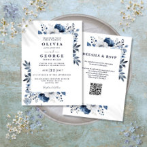 Marinblå och vit elegant blomster QR-kod Bröllop