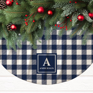 Marinblå och vit Gingham Karo Monogram Julgransmatta Borstad Polyester