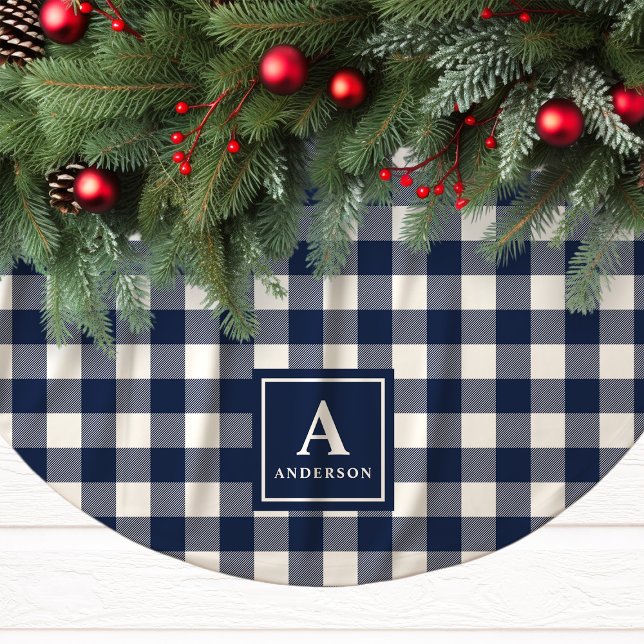 Marinblå och vit Gingham Karo Monogram Julgransmatta Borstad Polyester (Skapare uppladdad)