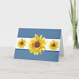 Marinblå och vit Gingham Solros Blank insida Kort