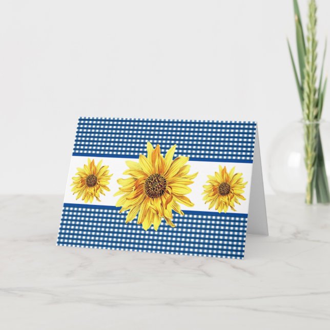 Marinblå och vit Gingham Solros Blank insida Kort (Framsida)