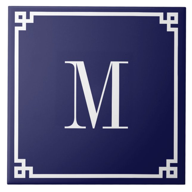 Marinblå och vit grekisk nyckel kant monogram kakelplatta (Framsidan)