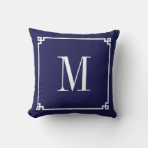 Marinblå och vit grekisk nyckelkant med monogram