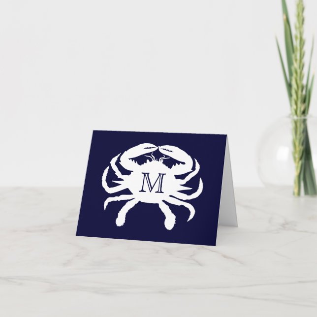 Marinblå och vit krabbmonogram tack kort (Framsida)