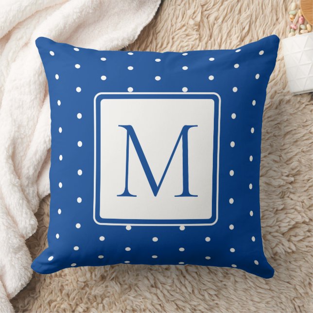 Marinblå och vit prickig monogram kudde (Filt)