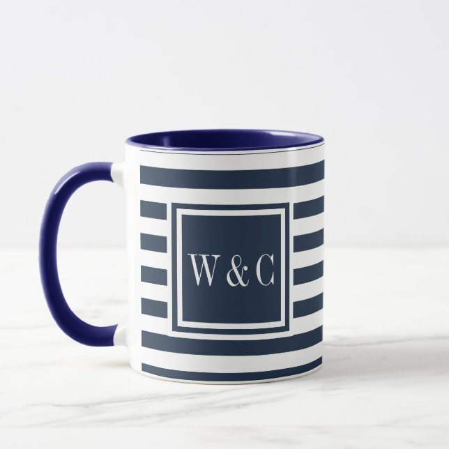 Marinblå och vit randig monogram mugg (Vänster)