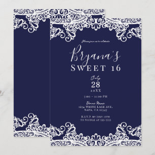 Marinblå och vit spets Elegant Sweet 16-fest Inbjudningar