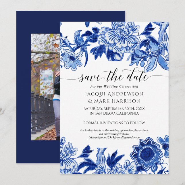 Marinblå och vita asiatiska influenser Chinoiserie Spara Datumet (Fram/baksida)
