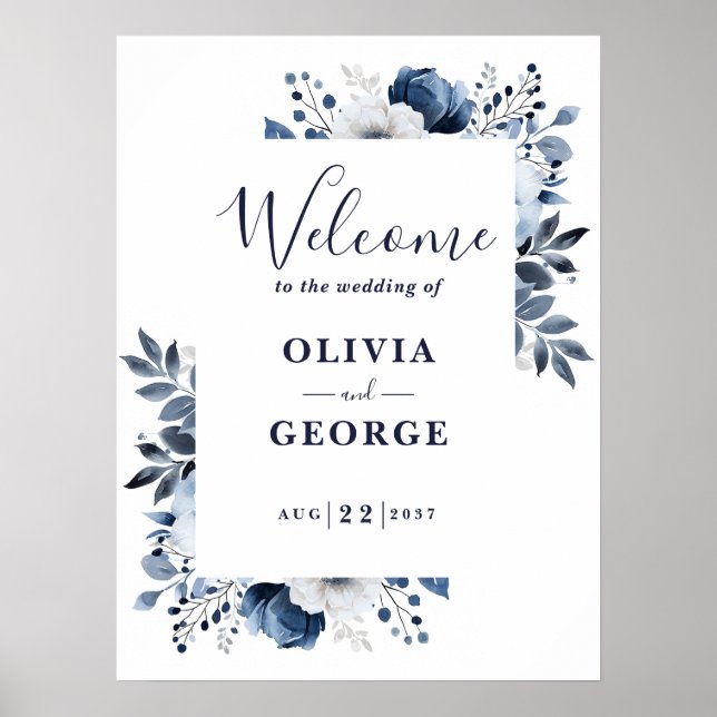 Marinblå och vita blommiga vigsel välkomstskylt poster (Framsidan)