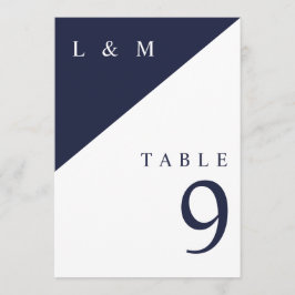Marinblå och vita bröllopsbordnummer med monogram inbjudningar
