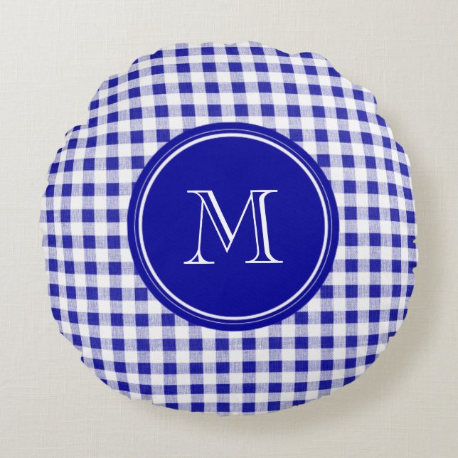 Marinblå och vitGingham, din Monogram Rund Kudde (Framsidan)