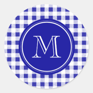 Marinblå och vitGingham, din Monogram Runt Klistermärke