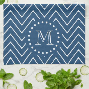 Marinblå och vitsparremönster, din Monogram Kökshandduk