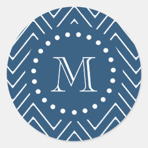 Marinblå och vitsparremönster, din Monogram Runt Klistermärke
