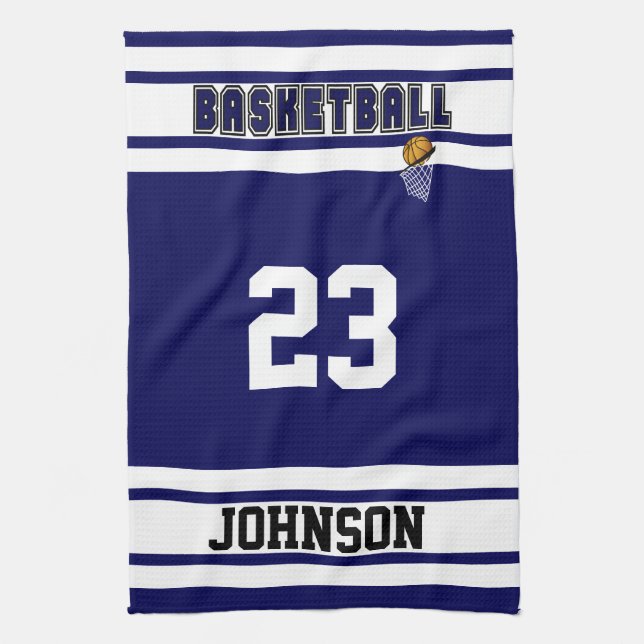 Marinblå och vitsportbasket kökshandduk (Vertikal)