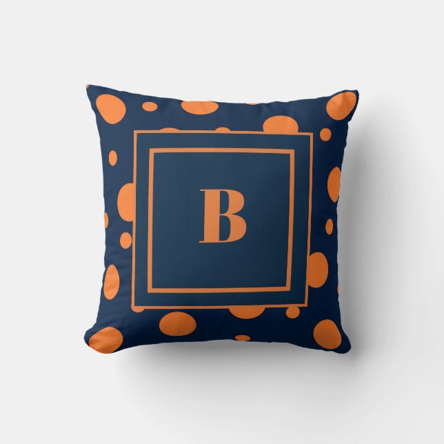 Marinblå Orange Prickar Stor Monogram Kudde (Framsida)