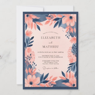 Marinblå Peachy Floral Bröllop Inbjudningar
