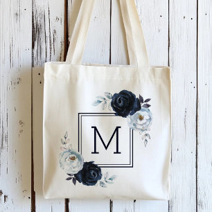 Marinblå Peony Blommig Monogram Tygkasse