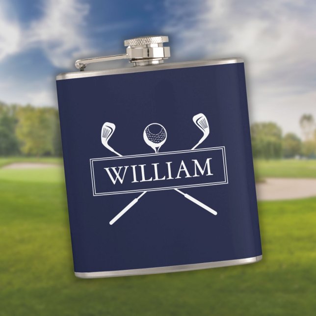 Marinblå Personlig Namnklubbor Och Boll Fickplunta (Navy Blue Personalized Name Clubs And Ball Flask)