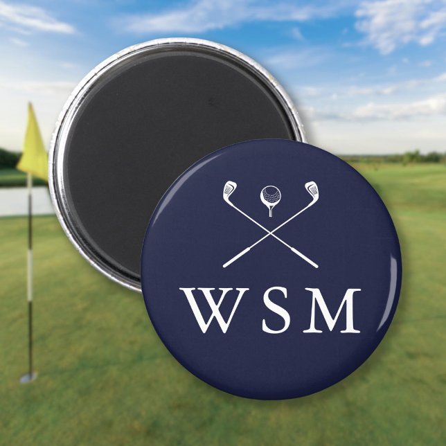 Marinblå Personliga Monogram Golfklubbor Magnet (Navy Blue Personalized Monogram Golf Clubs Magnet)