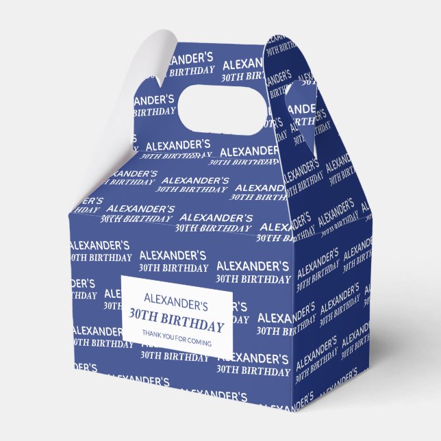 Marinblå presentaskar med namn och ålder för födel (Framsidan Sidan)