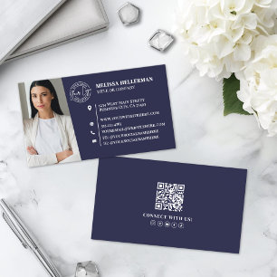 Marinblå professionell QR-kod foto logotyp Visitkort