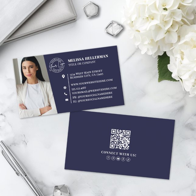 Marinblå professionell QR-kod foto logotyp Visitkort (Navy Blue Professional QR Code Photo Logo Business Card )