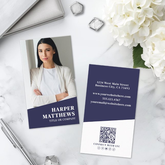 Marinblå QR-kod för foto Vertikal Visitkort (Navy Blue Photo QR Code Vertical Business Card )