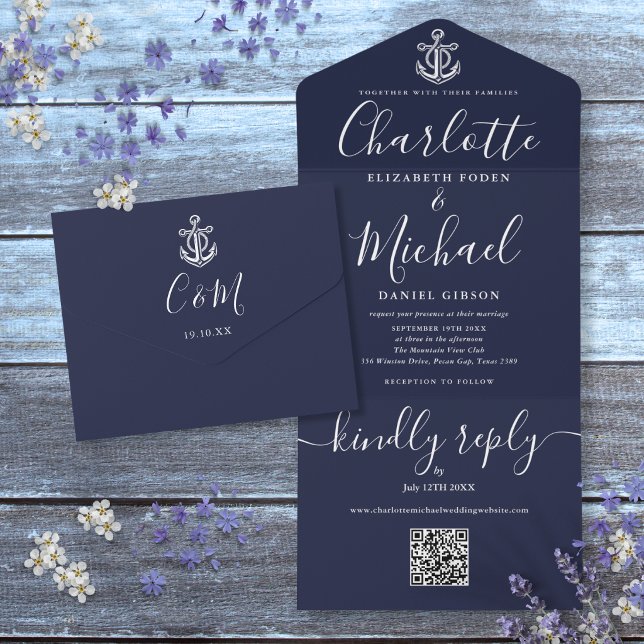 Marinblå QR-kod Script Ankare Marin Bröllopsinbjud (Navy Blue QR Code Script Anchor Nautical Wedding All In One Invitation)
