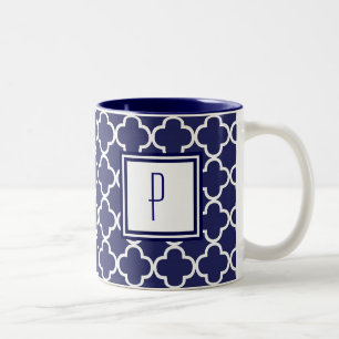 Marinblå Quatrefoil Monogrammugg Två-Tonad Mugg