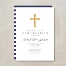 Marinblå Ränder Religiöst Kors Pojke Konfirmation