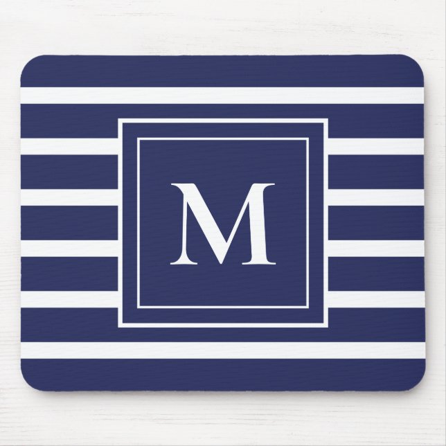 Marinblå Randig Modernt Monogram Kustnära Strand Musmatta (Framsidan)