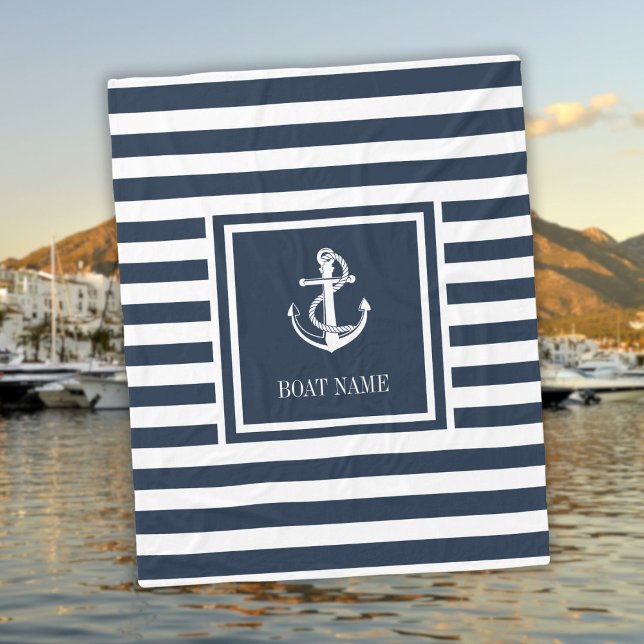 Marinblå randig nautisk ankare båtnamn fleecefilt (Navy Blue Striped Nautical Anchor Boat Name Fleece Blanket)